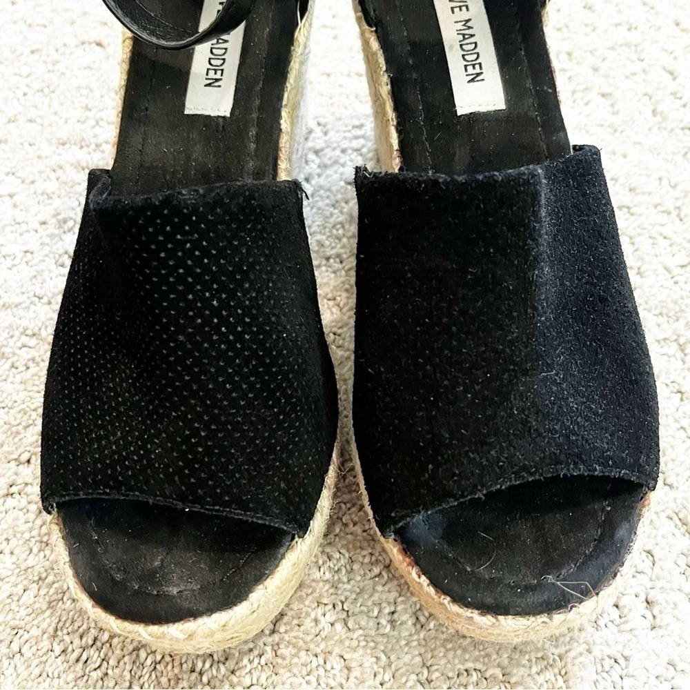 Steve Madden Josey Black Wedges Women Size 9.5 Espadrille Sandals Ankle Strap